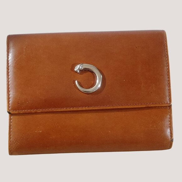 Vintage Cartier Brown Leather Wallet With Silver Logo Accent Fair - Picture 1 of 11